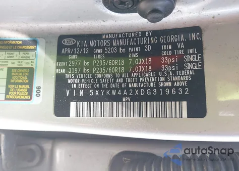 2013 Kia Sorento Sx z USA, uszkodzony, nr VIN 5XYKW4A2XDG319632